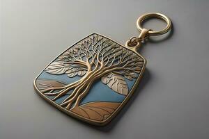 Creative Keychain on a wooden background, close-up. ai generative photo