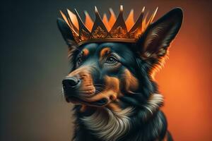 Portrait of a cute dog in a golden crown on a solid color background. ai generative photo