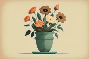 Flowerpot with daisies. Vector illustration in retro style. ai generative photo