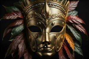 Venetian carnival mask with golden ornament on a solid color background. ai generative photo