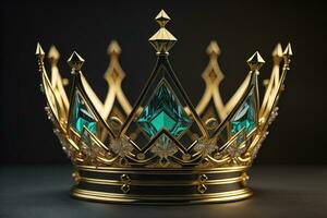 low key image of beautiful golden queen, king crown. ai generative photo