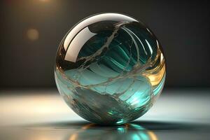 Transparent crystal ball on a wooden table. ai generative photo