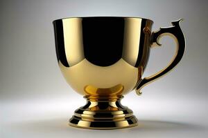 Golden trophy cup on wooden table. Award concept. ai generative photo