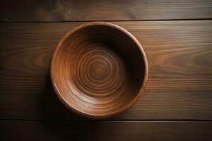 Empty wooden bowl on wooden background. Top view. Copy space. ai generative photo