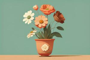 Flowerpot with daisies. Vector illustration in retro style. ai generative photo