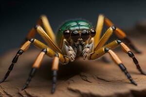 jumping spider closeup on solid color background, copyspace. ai generative photo