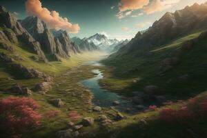 Beautiful fantasy landscape with a river in the mountains. ai generative photo