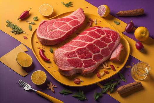 Raw beef sirloin steak with ingredients for cooking on wooden background. ai generative photo