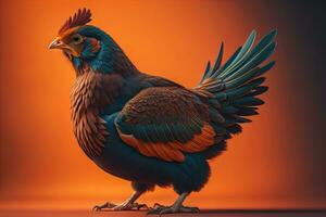 Colorful chicken on a solid color background, studio photo. ai generative photo