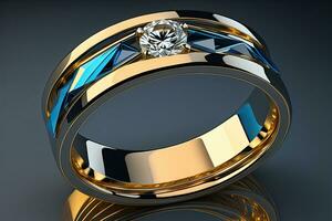 Wedding ring with diamonds on a solid color background. Jewelry. ai generative photo