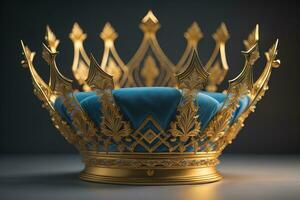 low key image of beautiful golden queen, king crown. ai generative photo