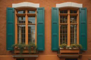 vistoso ventanas de un típico casa en el ciudad, ai generativo foto