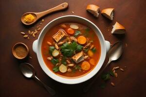 vegetal sopa en un cuenco en de madera antecedentes. ai generativo foto