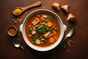 Vegetable soup in a bowl on wooden background. ai generative photo