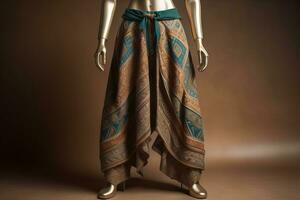 Young woman in traditional thai costume standing on the floor against solid color background. ai generative photo