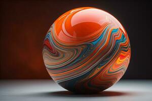 Colorful marble ball on a solid colour background. Close-up. ai generative photo