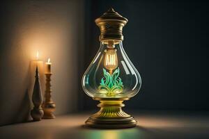 Lantern on a wooden table and a dark background. ai generative photo