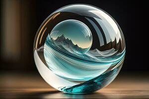 Transparent crystal ball on a wooden table. ai generative photo