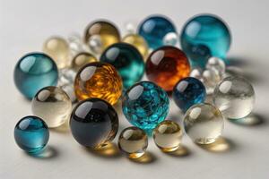 Colorful glass marbles on a the table. Selective focus. ai generative photo