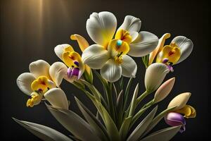 ramo de flores de azafrán y tulipanes en sólido color antecedentes. ai generativo foto