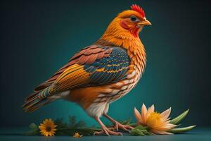 Colorful chicken on a solid color background, studio photo. ai generative photo