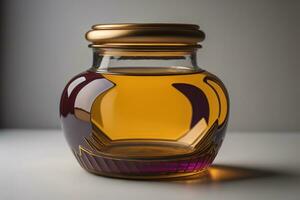 Jar of honey with solid colour background. ai generative photo