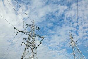 High-voltage power lines at sunset. Electricity distribution station.  electricity pylons on the background of the sky photo