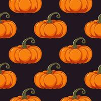 Seamless pattern with pumpkins. Square colorful background with orange pumpkin on dark background. Decor for Halloween, Thanksgiving, autumn festival harvest. Vector illustration.