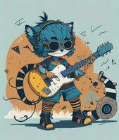 Hipster cat playing the electric guitar. Vector illustration. Vintage style. photo