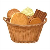 Bakery Breads in Wicker Basket Isolated Detailed Hand Drawn Painting Illustration vector