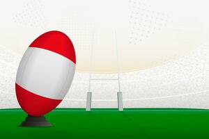 Peru national team rugby ball on rugby stadium and goal posts, preparing for a penalty or free kick. vector