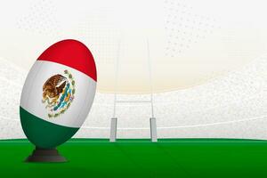Mexico national team rugby ball on rugby stadium and goal posts, preparing for a penalty or free kick. vector