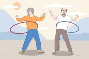 Elderly couple practicing yoga, Grandparents doing exercises, Sport, Morning exercises, Cartoon vector illustration.