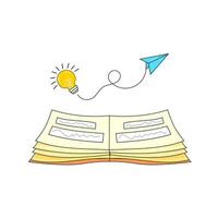 Open book with light bulb and aircraft above. Getting idea and be success in the future by learning concept. Vector illustration.