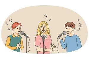 Happy kids singing in microphones at contest in school. Smiling children have fun participating in talent show. Hobby and leisure. Vector illustration.