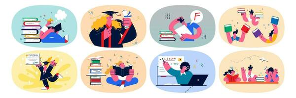 conjunto de diverso estudiantes aprender con libros de texto estudiar en línea en ordenador portátil en distante colega. haz de aprendices joven personas graduado desde virtual universidad. remoto educación. vector ilustración.