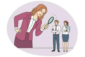 Businesswoman using magnifier looking for job candidates. Female boss with magnifying glass consider candidacy for work vacancy. Employment and hiring. Vector illustration.