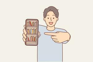 Man demonstrates online library on phone and points finger at display recommending downloading apps with books. Guy student offers to visit online bookstore or install web library application vector