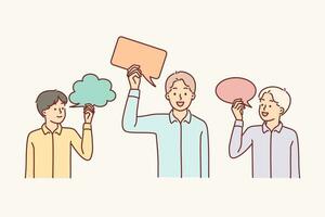 Teenage boys are holding speech bubbles symbolizing communication with friends or children imagination and ideas. Schoolboys with speech clouds above heads as metaphor for networking vector