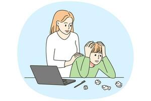 Caring mother comfort upset son having problems studying online on computer. Parent hug support stressed kid struggling with problems at school. Education trouble. Vector illustration.