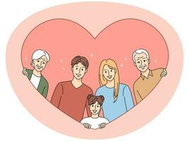 retrato de contento familia en corazón signo. sonriente mas joven y más viejo Generacion juntos espectáculo amor y unidad. vector ilustración.