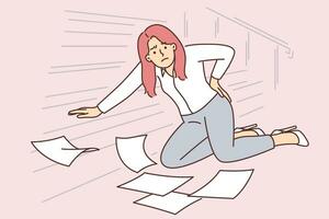 Woman office worker fell down stairs and injured back dropping papers on floor. Businesswoman fell due to excessive haste associated with strict deadlines or fatigue from overwork. vector