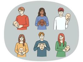 Set of unhappy people holding smiling masks in hands suffer from depression or mental problems. Sad men and women struggle with personality disorder. Vector illustration.