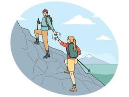Pareja excursionismo juntos en montañas. hombre dar mano ayuda mujer alpinismo en acantilado. al aire libre actividad y pasatiempo. vector ilustración.