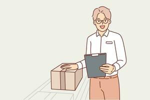 Man warehouse worker stands near conveyor with boxes and holds clipboard checking data on parcels. Warehouse manager guy makes career in fulfillment industry and is located near production line vector