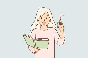 Little girl is holding notepad and pen, making list of gifts wants and writing them down in personal diary. Excited child coming up with ideas, reading and doing marks in book or textbook vector