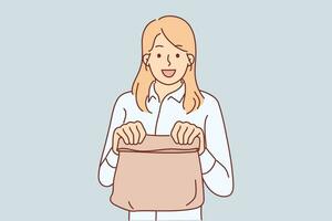Woman with paper bag from store recommends use of biodegradable shopping packaging to protect nature from plastic. Happy girl with paper bag with breakfast bought in takeaway bakery vector