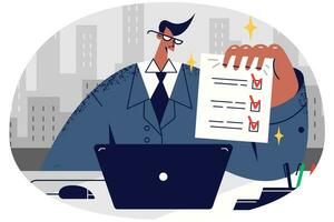 Proud businessman sit at desk show document with tasks marked. Smiling male employee demonstrate good time and work organization and management. Vector illustration.