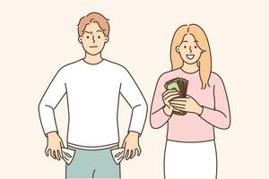 Rich woman and poor man symbolize social inequality due to lack of financial literacy. Guy with empty pockets demonstrates deficit of financial savings standing near girl with money. vector