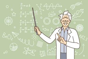 Crazy scientist points to formulas written on blackboard and teaches children from school math. Crazy teacher with shaggy hair is dressed in white coat and explains solution to problem to students vector